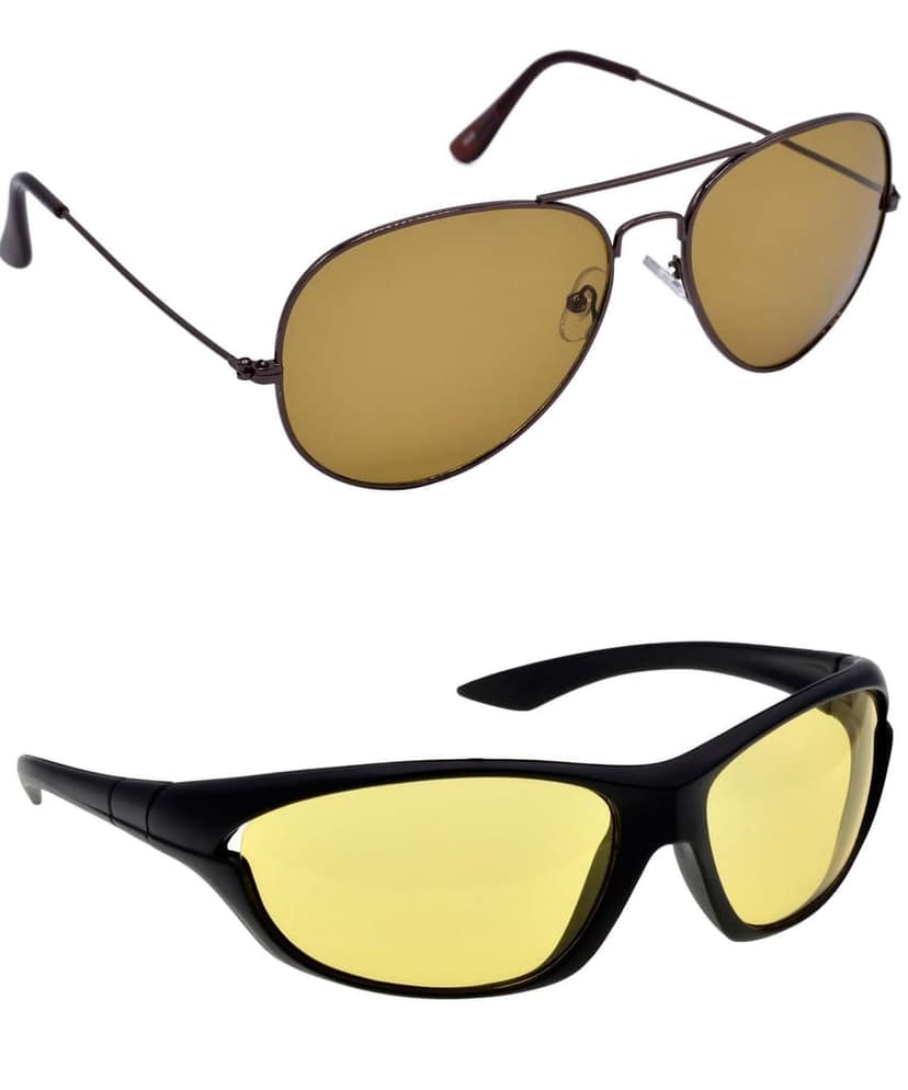 HRINKAR Unisex Pilot Sunglasses Brown & Black Frame, Brown & Yellow Lens (Large) - Pack of 2