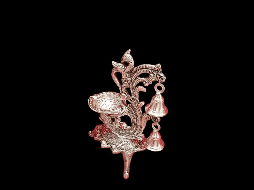 Silver-plated peacock diya with bells (6 inch) view 2