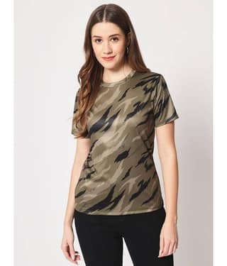 CRAFT AURA Women Cotton Printed Slim Fit Round Neck T-Shirt ( Khaki )