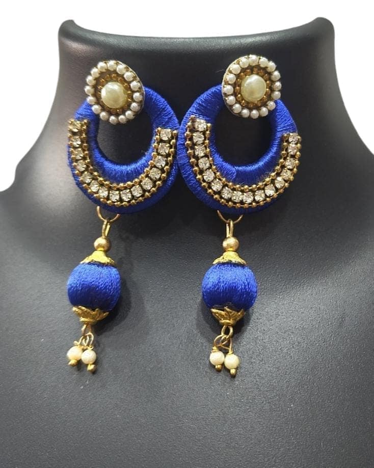 Blue Silk Thread Jhumka Earrings with Pearl and Stone Detailing view 2