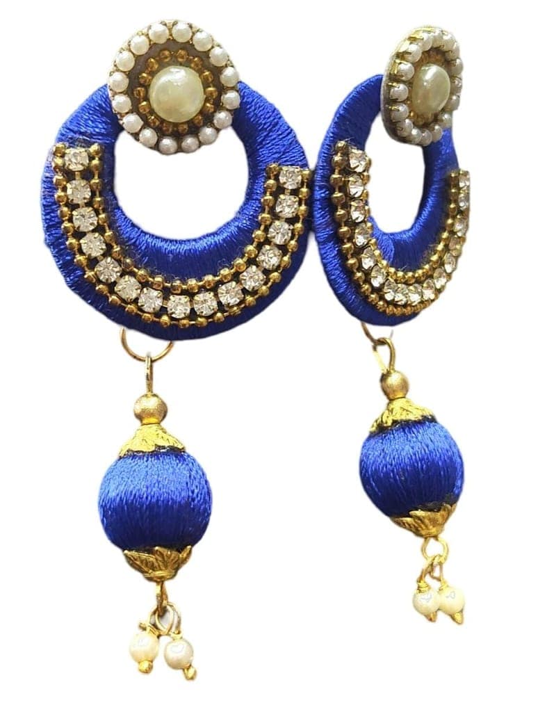 Blue Silk Thread Jhumka Earrings with Pearl and Stone Detailing view 3