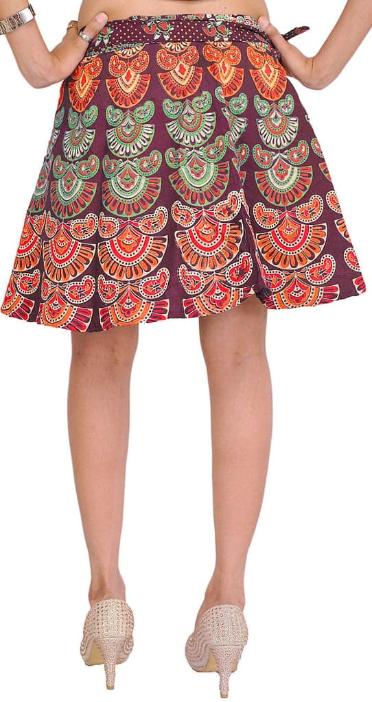 Windsor-Wine Sanganeri Wrap-Around Mini-Skirt with Printed Motifs view 2