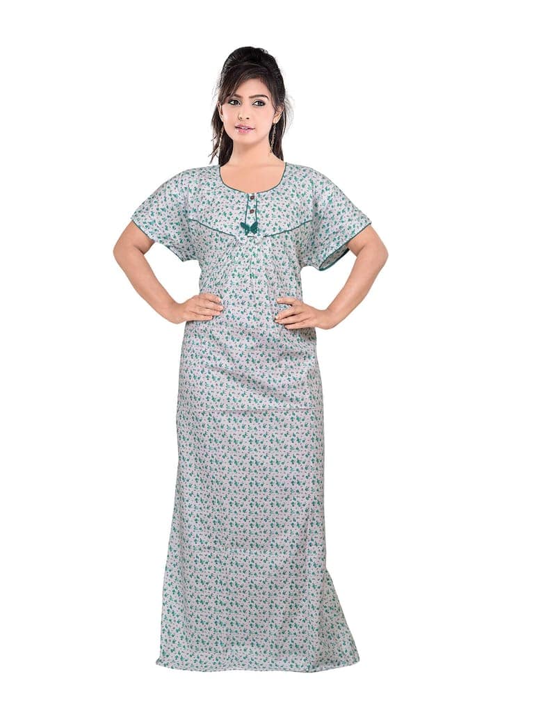 VALENCIA SLEEPWEAR Pure Cotton White Printed Round Neck Nightgown Nighty with Pleades for Extra Comfort view 4
