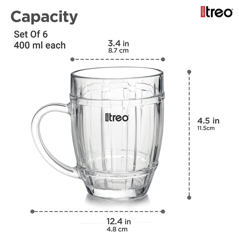 Treo By Milton Knox Beer Mug Glasses for Beer, Juice, Mocktail | Scratch Resistant & Easy to Clean | Dishwasher Safe Mug | Transparent | Set of 6, 400 ml Each view 3