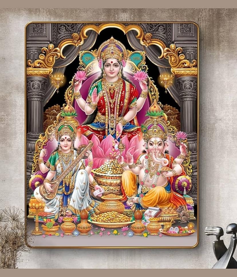 SAF Laxmi Ganesh Saraswati Wall Painting with Golden Frame & Sparkle Lamination | Hindu Deity MDF Poster for Home Temple Office Decor | Shubh Labh Religious Artwork for Gifting