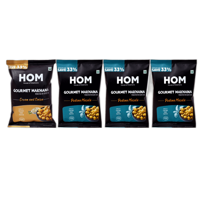 Gourmet Makhana (Pack of 4) with flavors of 3 Pudina Masala and 1 cream & Onion (14g x 4 ) - 56 gm