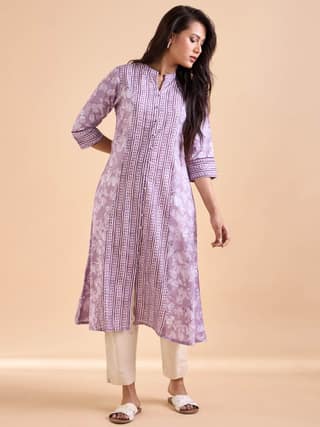 Lilac Pure Cotton Printed Kurti With Lace
