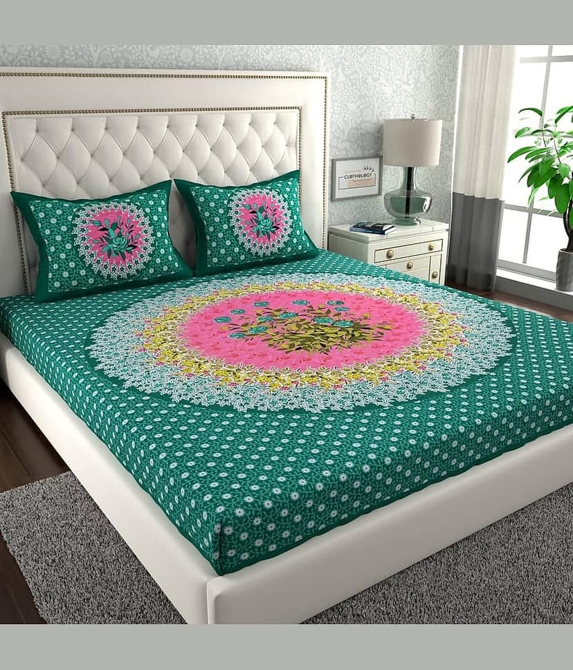 ABHACLOTHO Cotton 1 Double Bedsheet with 2 Pillow Covers ( Green )