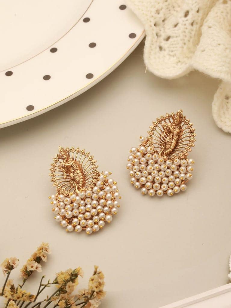 Gold Plated Perarls Beaded Shri krishna Designer large Studds earring view 2
