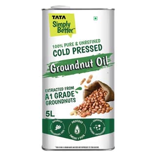 Tata Simply Better Pure and Unrefined Cold Pressed Groundnut (Peanut) Oil, Kolhu/Kacchi Ghani/Mara Chekku/Ganuga, Naturally Cholesterol Free, 5L, With Rich Aroma & Flavour of Real A1 Grade Groundnuts