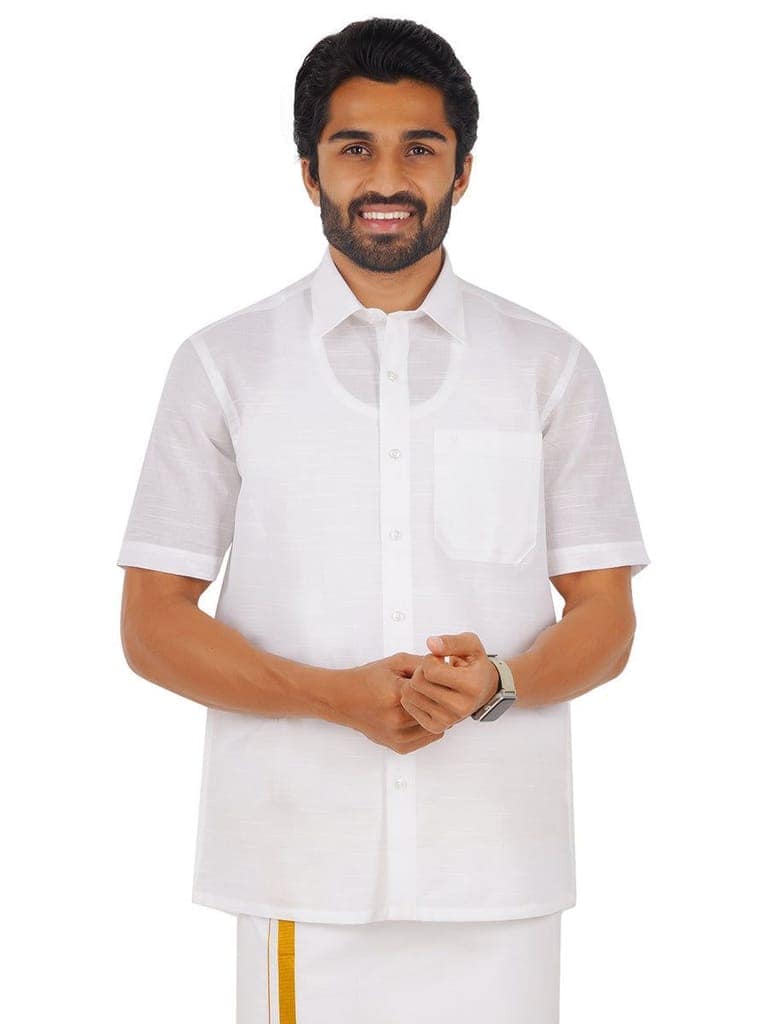 Mens Cotton Mixed White Shirt Half Sleeves Celebrity White V5 view 3