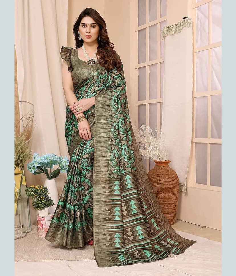 BLEESBURY Cotton Printed Saree With Unstitched Blouse Piece ( Maroon )