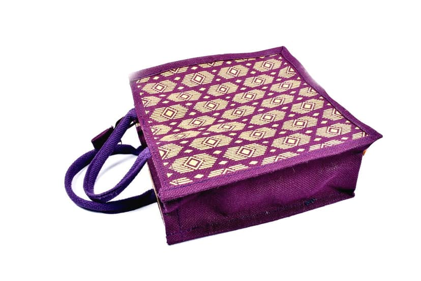 Purple and Gold Handwoven Jute Tote Bag with Geometric Print view 2