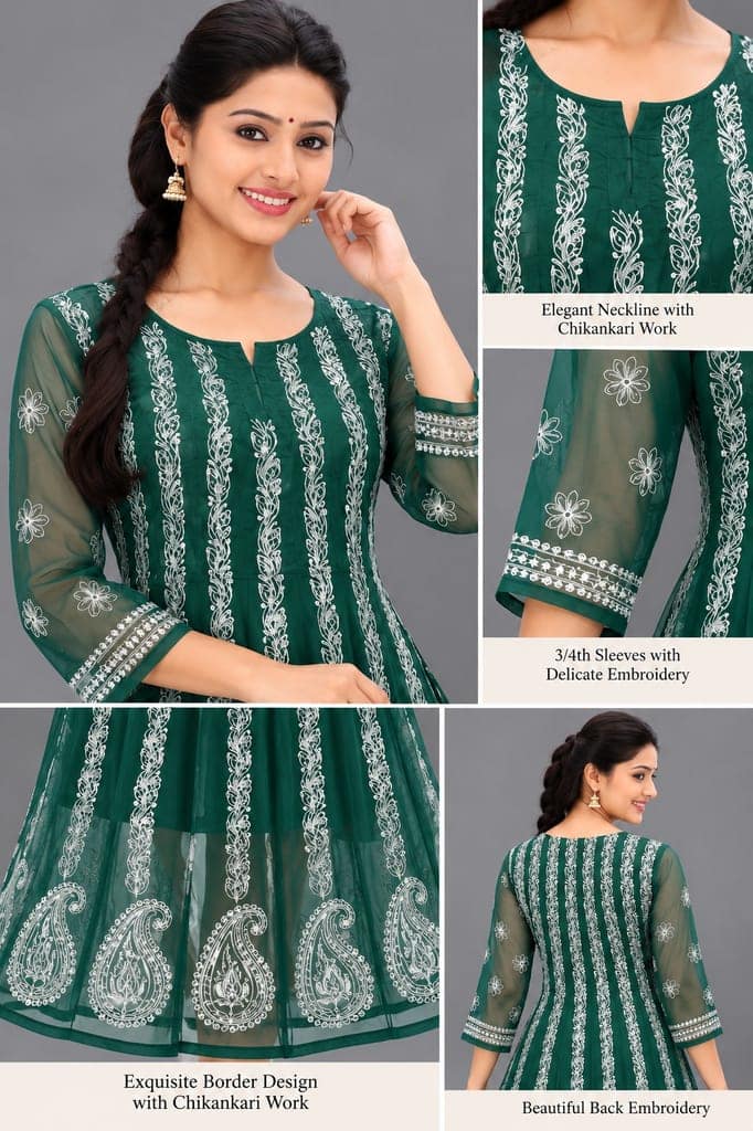 Mrs Right Women’s Lucknowi Chikankari Anarkali Kurta in Soft Georgette | Handcrafted Floral Embroidery | 3/4 Sleeves | 45 Inch Length | 74 Inch Flare | Festive Ethnic Wear view 2