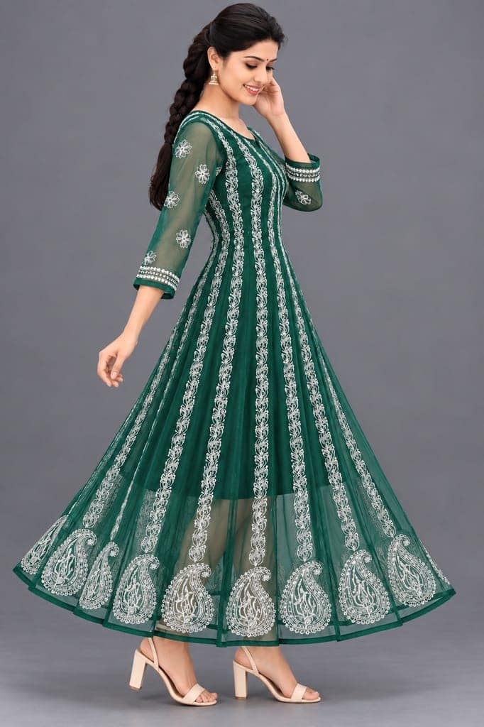 Mrs Right Women’s Lucknowi Chikankari Anarkali Kurta in Soft Georgette | Handcrafted Floral Embroidery | 3/4 Sleeves | 45 Inch Length | 74 Inch Flare | Festive Ethnic Wear view 3