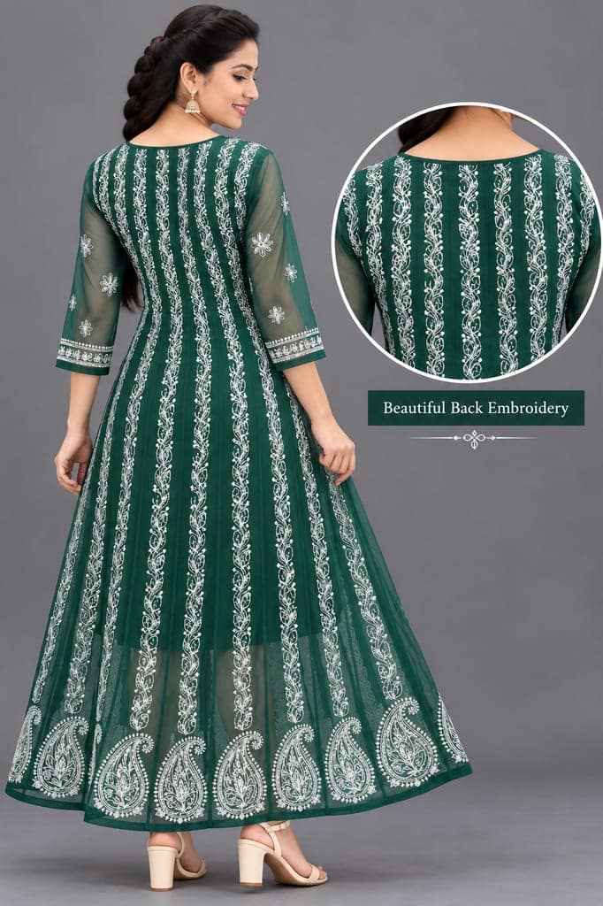 Mrs Right Women’s Lucknowi Chikankari Anarkali Kurta in Soft Georgette | Handcrafted Floral Embroidery | 3/4 Sleeves | 45 Inch Length | 74 Inch Flare | Festive Ethnic Wear view 4