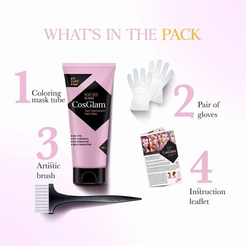 COSGLAM Semi Permanent Hair Color, No Peroxide, Non Oxidative, Ammonia Free Hair Colour 11 Soft Pink - 120gm view 6