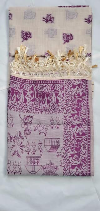 Bomkai Sonepuri Cream Cotton Saree Magenta Pink Buti Border