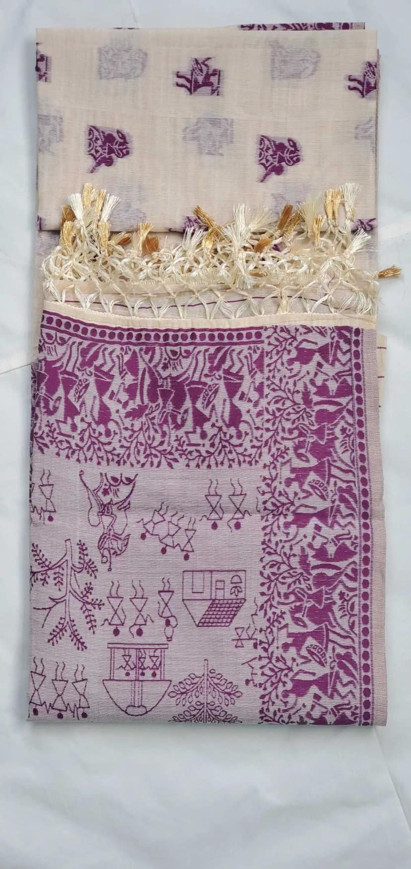 Bomkai Sonepuri Cream Cotton Saree Magenta Pink Buti Border