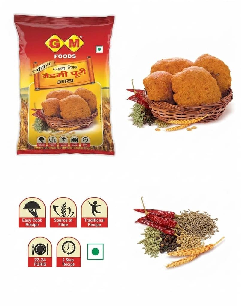 GM Foods Bedmi Puri Atta Mix 1kg | Ready to Cook Urad Dal & Wheat Flour Mix | Instant Masala Puri for Authentic North Indian Breakfast | Atta for Soft & Crispy Bedmi Poori view 2