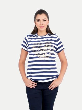 Women Blue Striped Printed T-shirt
