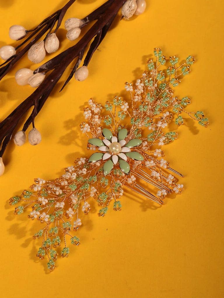 Gold Toned Green Pearl Beaded Bridal Hair pin view 2