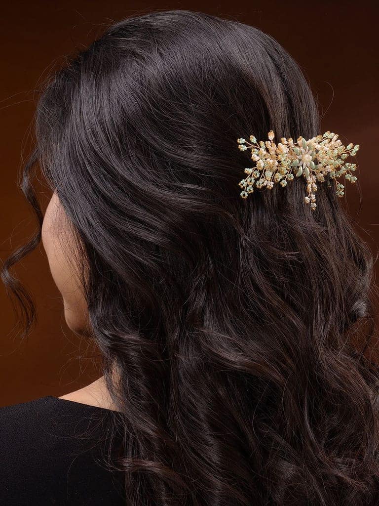 Gold Toned Green Pearl Beaded Bridal Hair pin view 6
