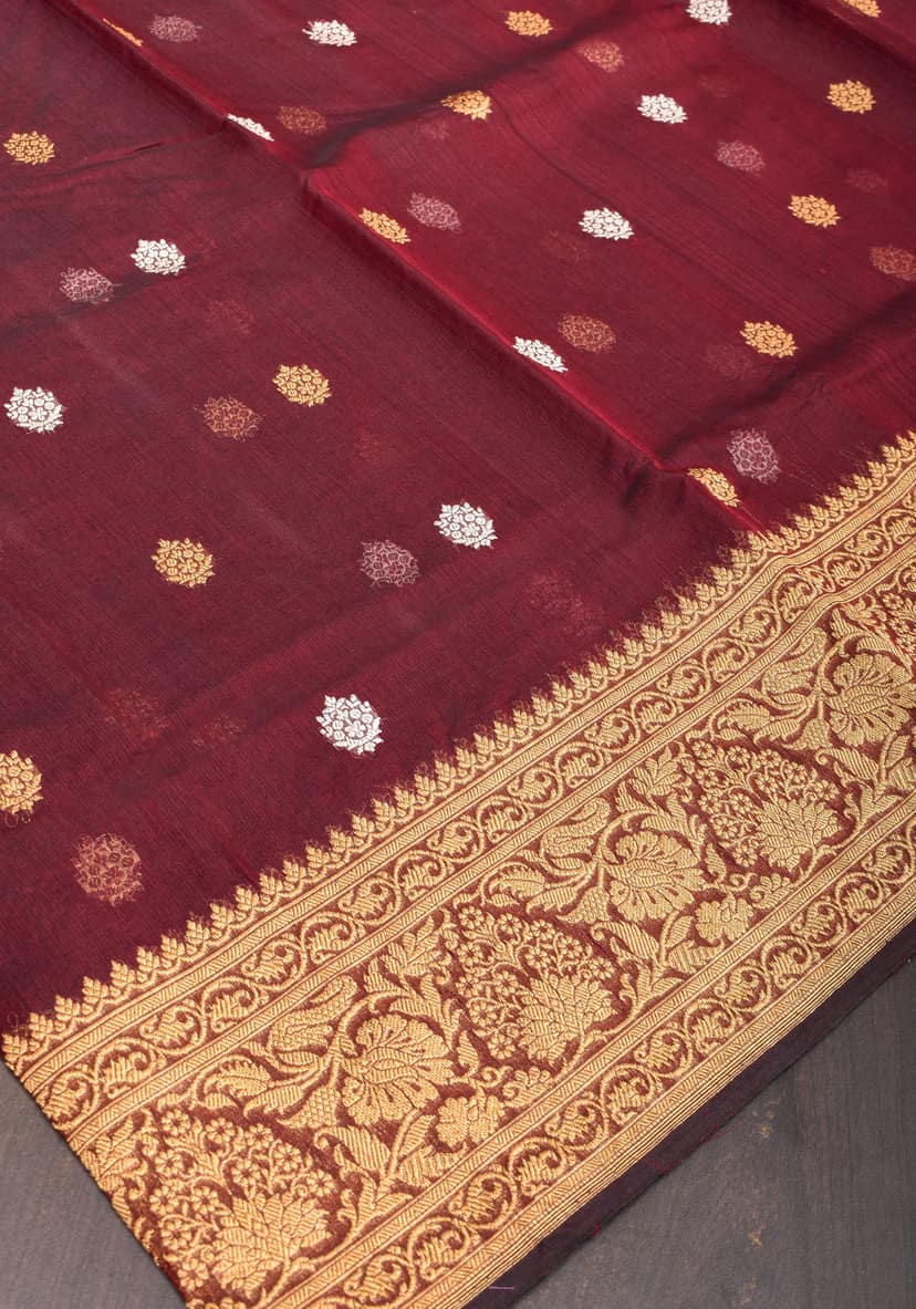 Brown Exquisite Banarasi Kora Silk Saree with Zari Motifs with kadhuwa weave | SILK MARK CERTIFIED view 3