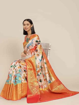 Women's Banarasi Digital Printed Zari Woven Saree with Unstiched Blouse Piece