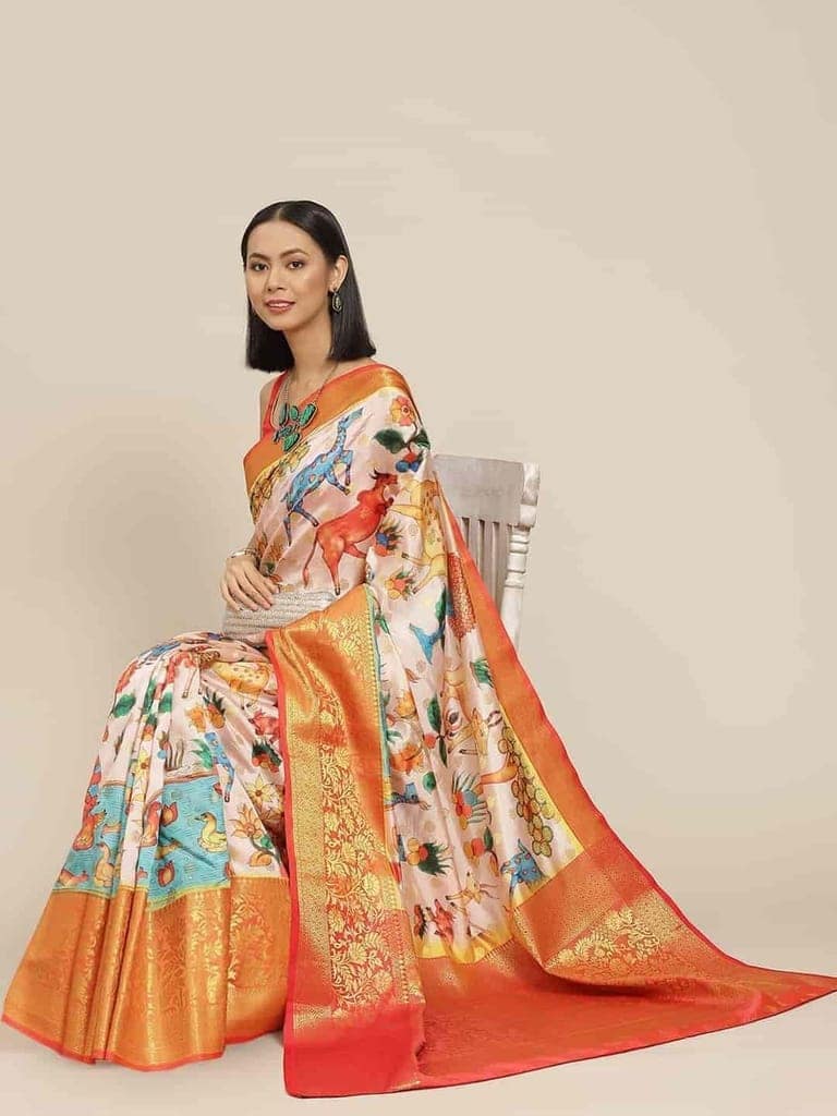 Women's Banarasi Digital Printed Zari Woven Saree with Unstiched Blouse Piece