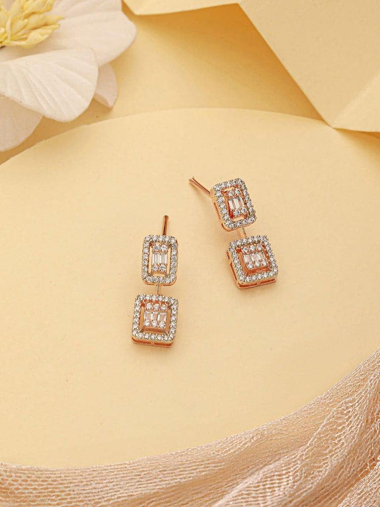 Rose Gold Plated Zircon Studded Classic Minimal Geometric Drop Earrings view 2