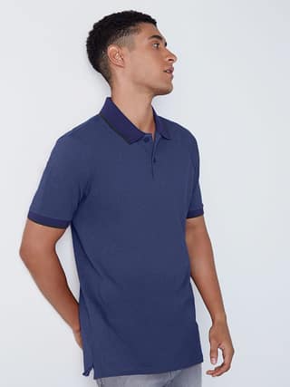 Mens Navy Cotton Jacquard Collar Polo T Shirt