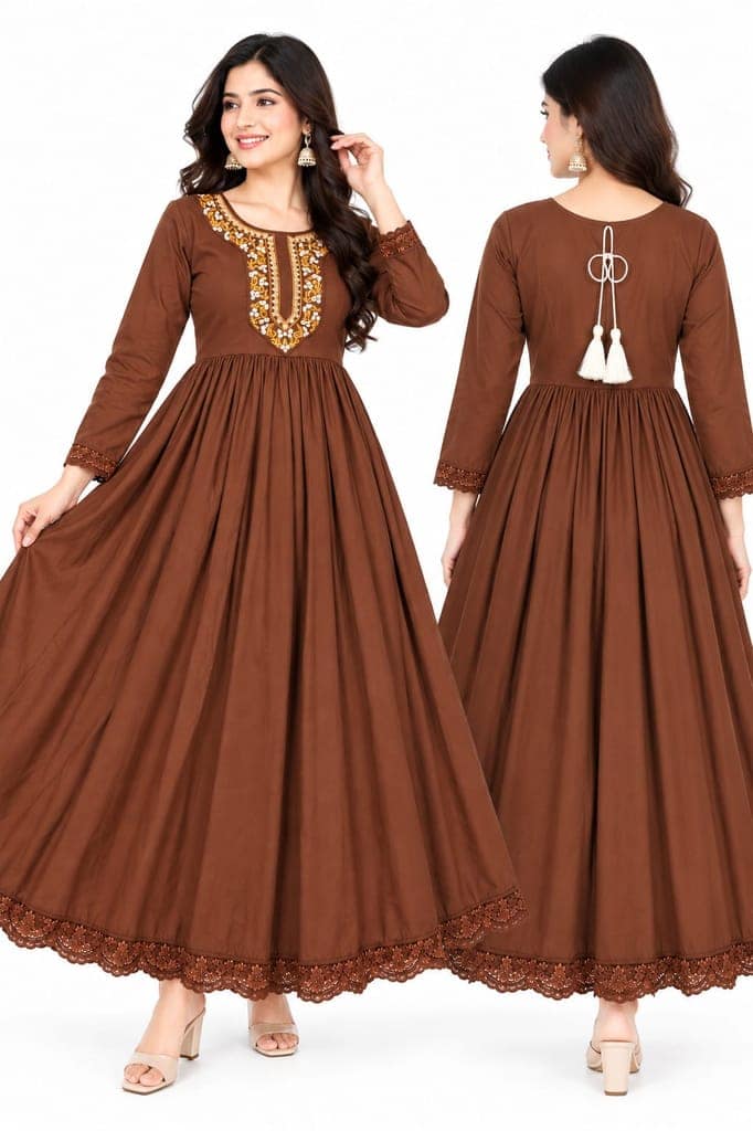 Women Solid Embroidered Anarkali Gown with 3/4 Sleeves, Lace Border and Back Tassel | Ethnic Festive Wear view 2