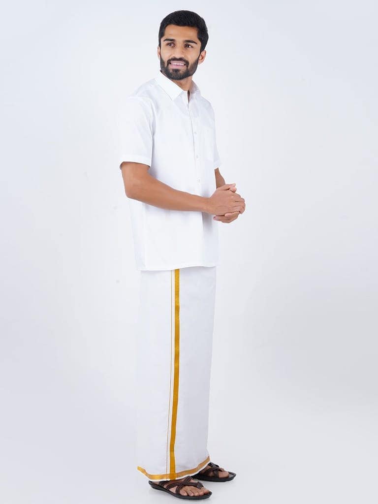 Mens Formal White Shirt with 1/2'' Gold Jari Dhoti Combo view 3