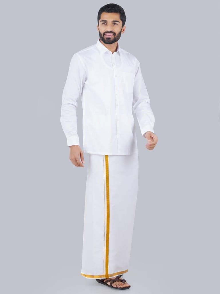 Mens Formal White Shirt with 1/2'' Gold Jari Dhoti Combo view 4