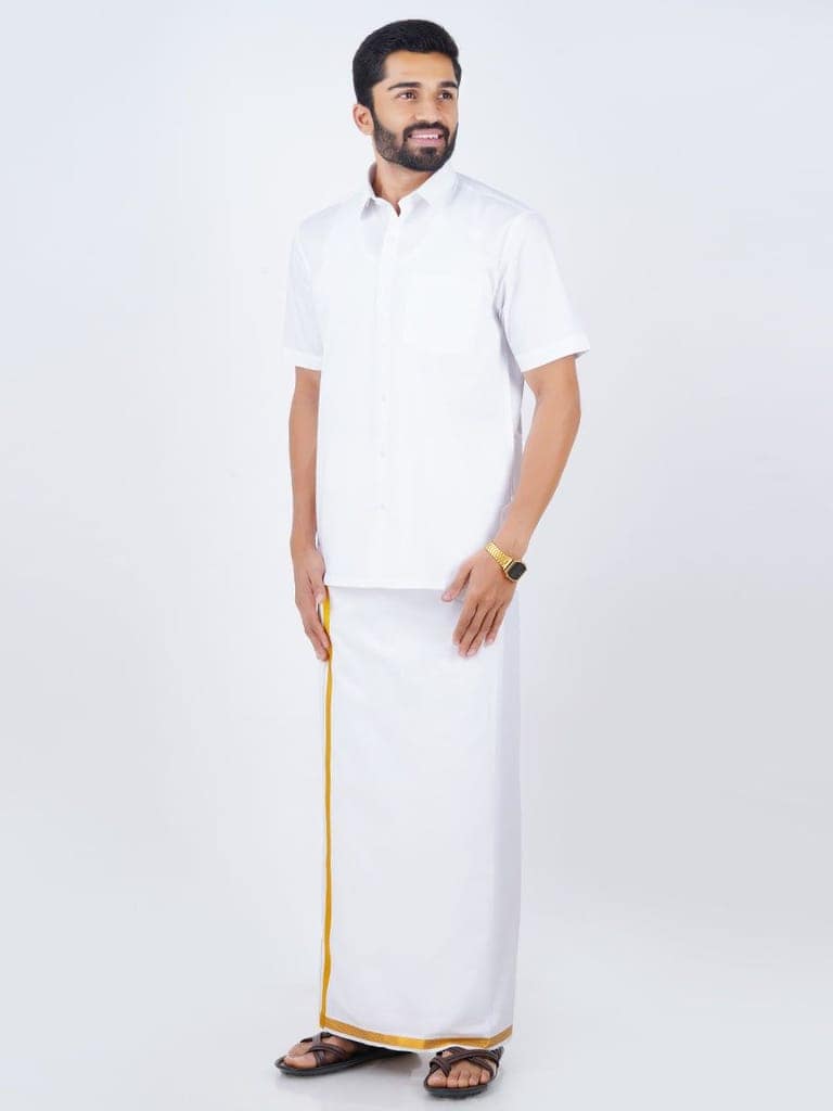 Mens Formal White Shirt with 1/2'' Gold Jari Dhoti Combo view 5