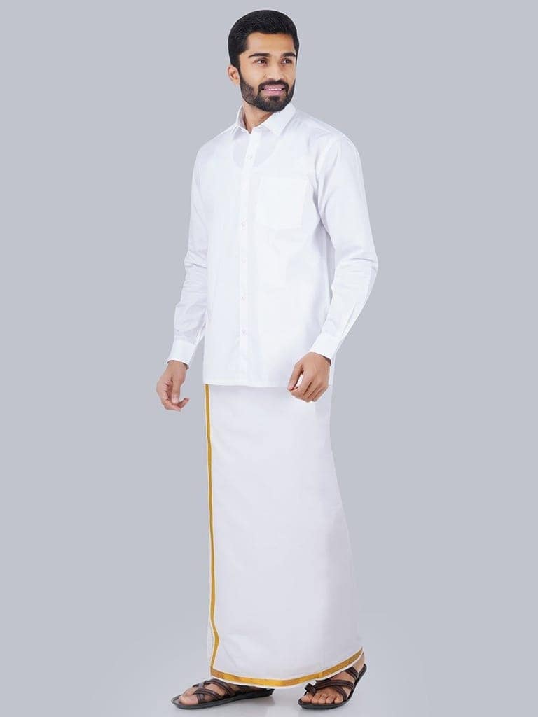 Mens Formal White Shirt with 1/2'' Gold Jari Dhoti Combo view 6