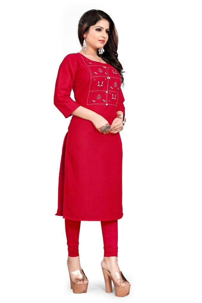 STYLEOO Ruby Slub 3/4 Sleeves Embroidered Kurti for Women's (RED) (M, L, XL, XXL) view 3