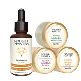 Nourish Mantra Mask Mini Trio (12g each) and Glow Serum (30ml)/ Face Mask for Healthy Glowing & Rejuvenated Skin/ Face Serum for dull damaged & pigmented skin