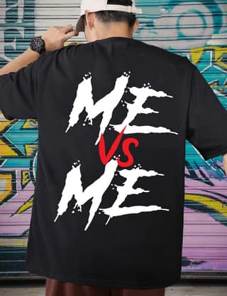 SCOTT FINCHER Men's Black cotton t-shirt with a large white and red graphic on the back that says "ME VS ME" : AA(ARN)BLACK_268