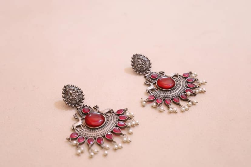Vintage Style Oxidized Silver Earrings with Red Stones, Pearl Drops and Deer Motif, Traditional Indian Design view 2