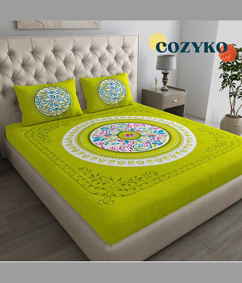 COZYKO Cotton 1 Double Bedsheet with 2 Pillow Covers ( Green )