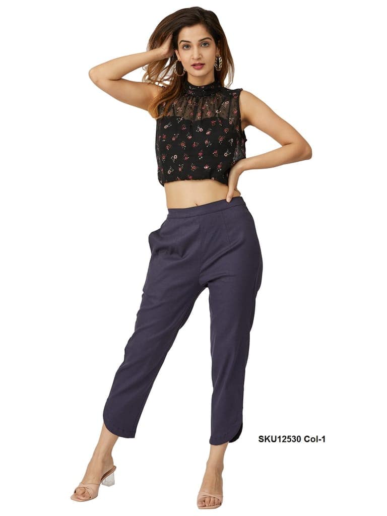 Stylish Women's Black Floral Sleeveless Top with Grey Trousers view 7