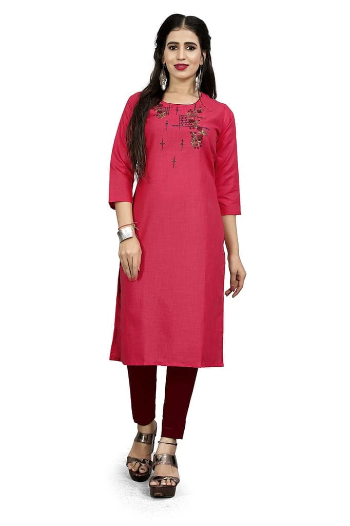 STYLEOO Ruby Slub Embroidered Straight Kurta for Women Pack of 2,CREAM & PINK, (M, L, XL, XXL) view 3