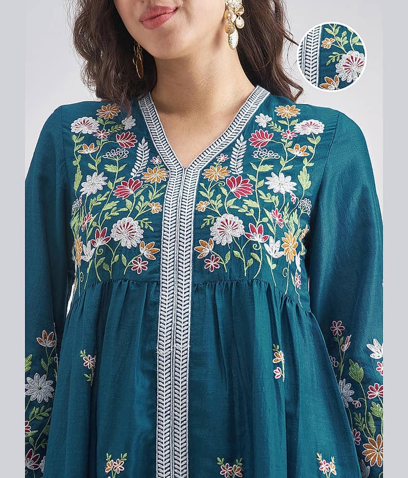 Vishudh Women Polyester Embroidered Straight Kurti With Pants ( Blue ) view 5