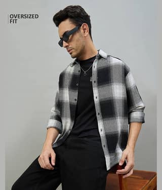 Chimpaaanzee Cotton Blend Oversized Fit Checks Full Sleeves Men's Casual Shirt - Black ( Pack of 1 )