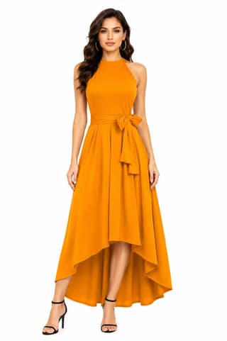 LICOLA Women & Girls Halter Neck High Low Maxi Dress with Waist Tie | Stylish One Piece Long Gown for Women | Sleeveless Western Dress for Women Party Wear & Casual