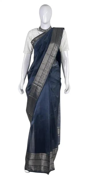 Mangalgiri Steel Blue Pure Silk Handloom Saree Zari Border