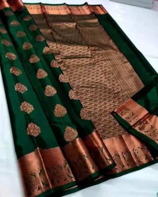 Green and gold zari woven Kanchipuram silk saree with blouse piece