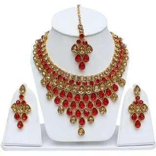 Lucky Jewellery Elegant LCT Golden Red Color Stone Necklace Set For Girls Women